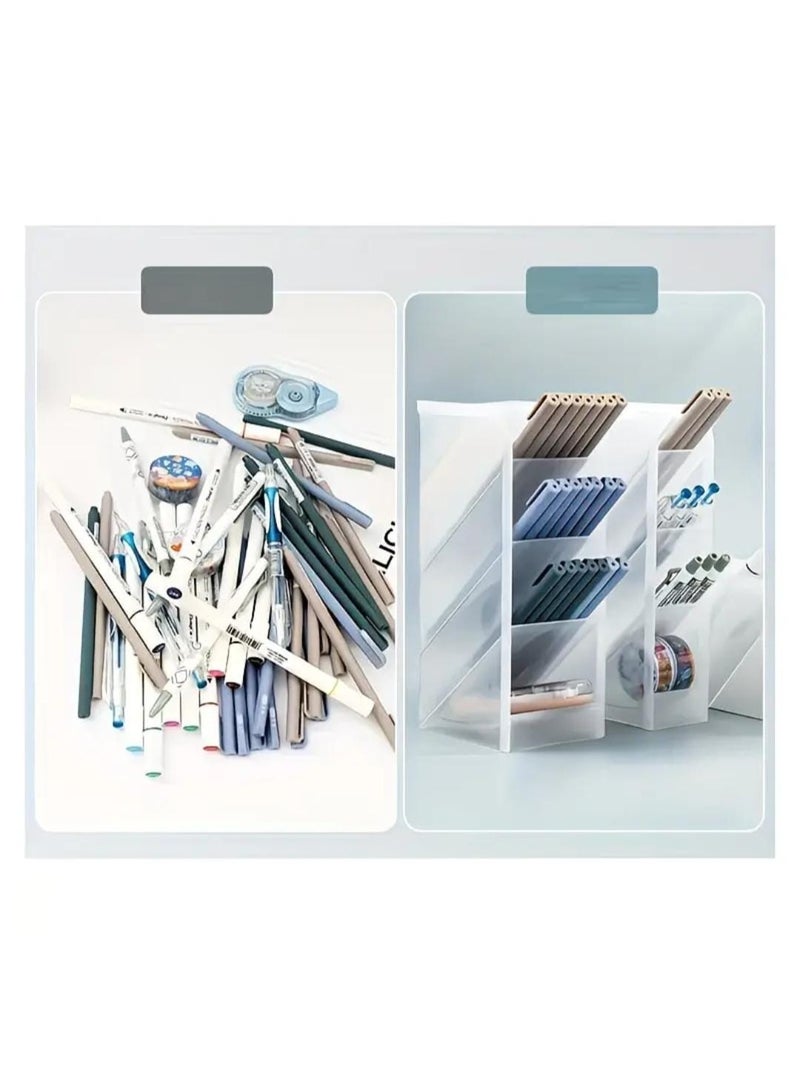 LDQ Multifunctional Clear Plastic Desk Organizer Pen Holder with Frosted Slant Insert – Stationery, Makeup Brush & Lipstick Storage - Image 5